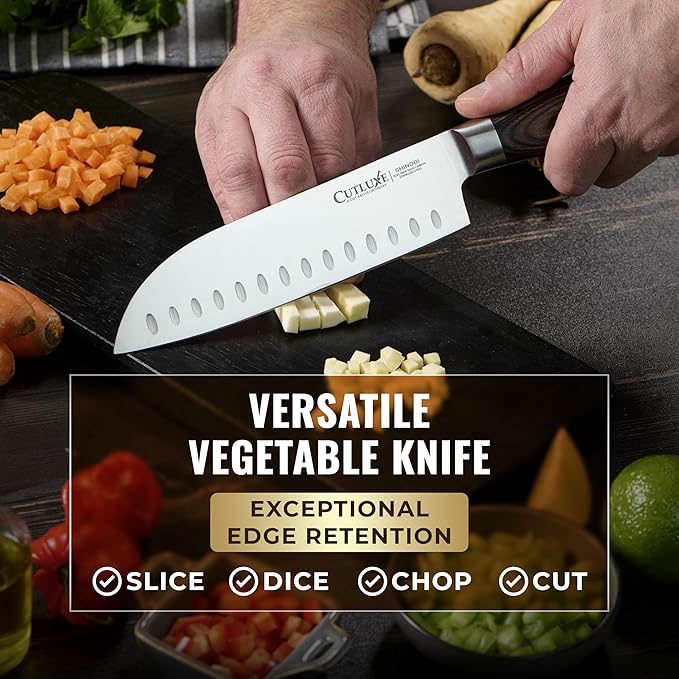 Cutluxe Santoku Knife – Ultra Sharp 7 Inch Vegetable Japanese Knife for Chopping, High Carbon Stainless Steel Blade, Full Tang Pakkawood Handle – Shinobi Series