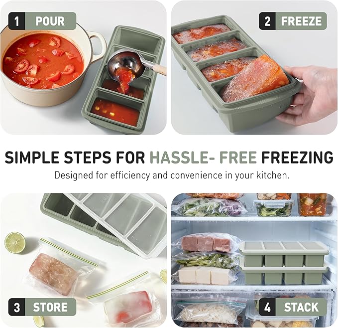 Silicone Freezer Tray with Lid Soup Freezer Container Molds with Steel Reinforced Rim Large Ice Cube Tray Makes 8 Perfect 1 Cup Portions Cubes Storage Food Portion Control Containers Kitchen Gadgets