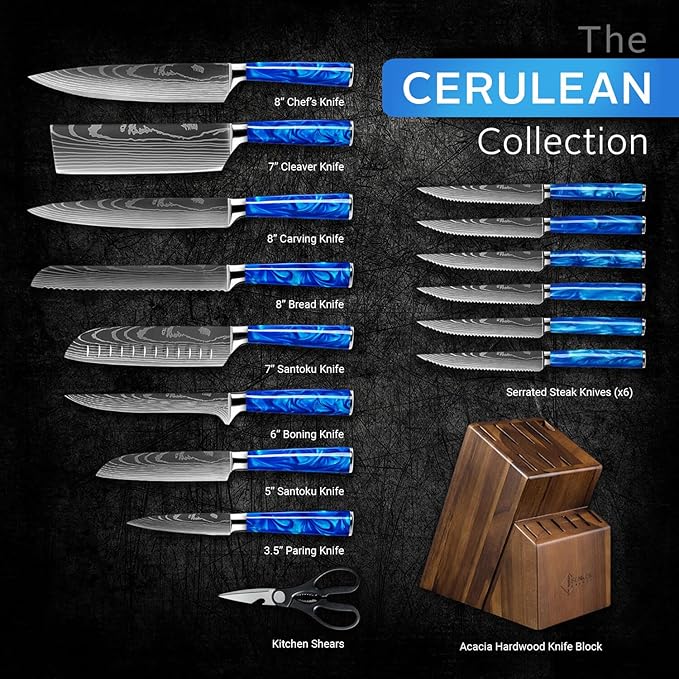 SENKEN 16-Piece Kitchen Knife Block Set - Japanese Chef's Knife Set with Laser Damascus Pattern, Includes 6 Steak Knives and Smoothly-Finished Acacia Hardwood Knife Block (Blue Resin Handles)