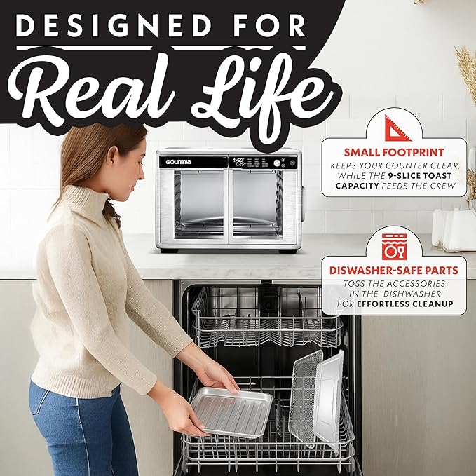 Gourmia French Door Digital Air Fryer Oven - XL 37QT Capacity, 12 Presets, FryForce 360° Tech, Dehydrate, Proof, Slow Cook, Fits 13” Pizza, 1700W, Stainless Steel