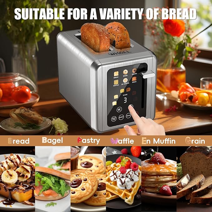 WHALL Touch Screen Toaster 2 Slice,Stainless Steel Digital Timer Toasters,6 Bread Types & 6 Shade Settings,Smart Extra Wide Slots Toaster With Bagel,Cancel,Defrost Functions