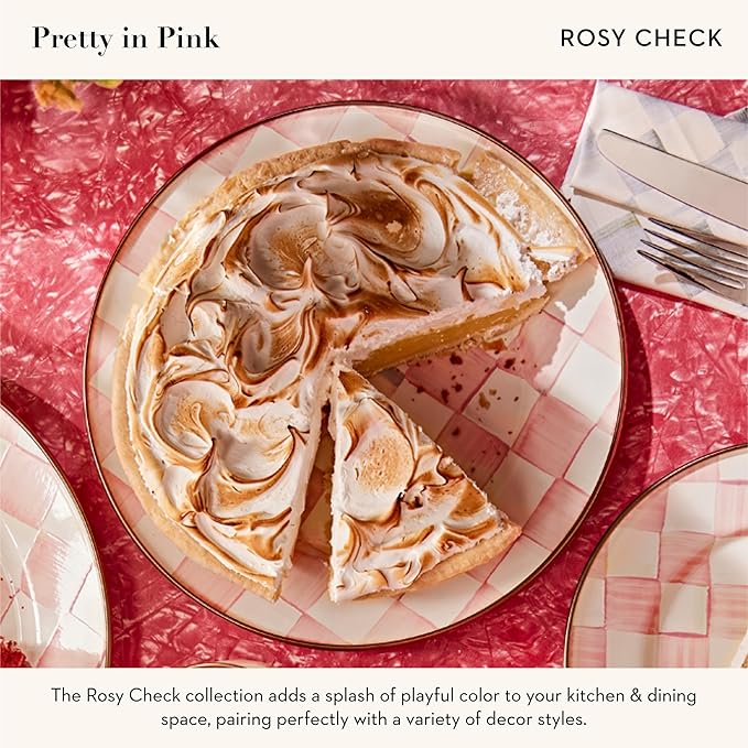 MACKENZIE-CHILDS Enamel Charger Plate, Charger Decoration for Dinner Plates or Home Decor, 12 Inches, Pink-and-White Rosy Check, Set of 4