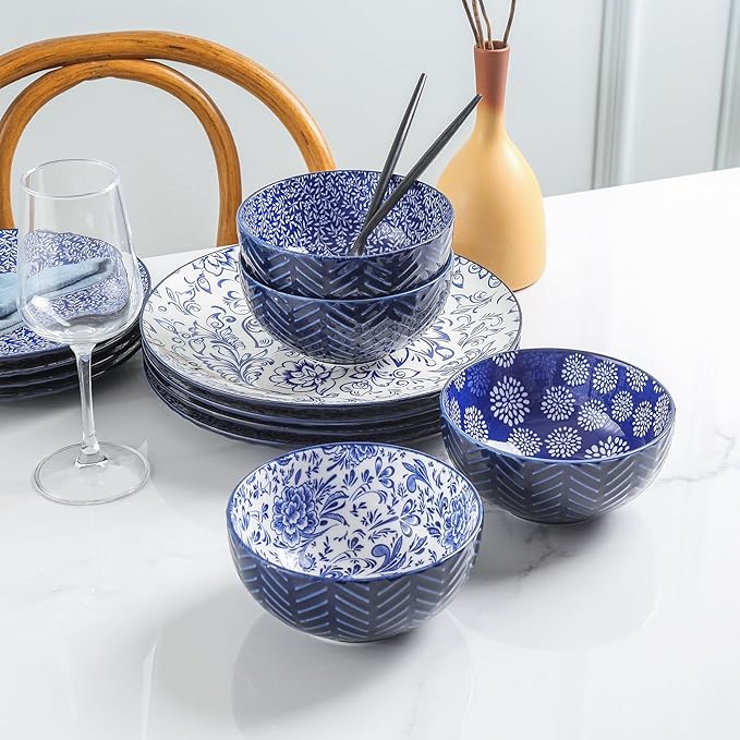 Selamica Ceramic Dinnerware Sets, 24 Pieces Dishes Set for 8, Embossed Plates and Bowls Sets for Holiday Celebrations, Dishwasher & Microwave Safe, Dark Blue