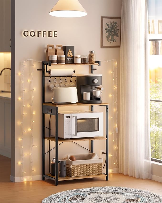 VASAGLE Kitchen Bakers Rack with Power Outlet, Coffee Bar 4-Tier with 8 S Hooks, Microwave Stand, Adjustable Shelf, for Small Spaces, Rustic Brown and Ink Black UKKS014K01V1