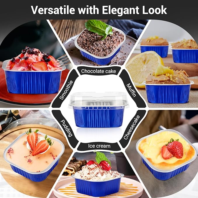 EUSOAR Creme Brulee Ramekins Disposable, 50pcs 10oz Cupcake Liners Foil Baking Cups with Lids, Aluminum Muffin Cups Square Dessert Wrappers Mini Cake Loaf Bread Pans for Wedding Birthday Party