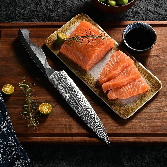 Professional Chef Knife 6.5" Damascus Kitchen Knife 8C High carbon stainless steel Super sharp,Full Tang ABS Anti-Skid Handle utility knife Japanese Cooking Knife with Luxury Gift Box