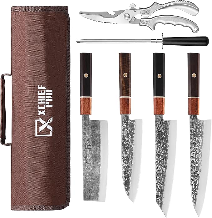 Japan Knife Set, High Carbon Steel Japan Nakiri Santoku Knife Set, Hand Forged Meat Cleaver Butcher Knife with Accessories for Kitchen, Camping BBQ Knives Set with Bag