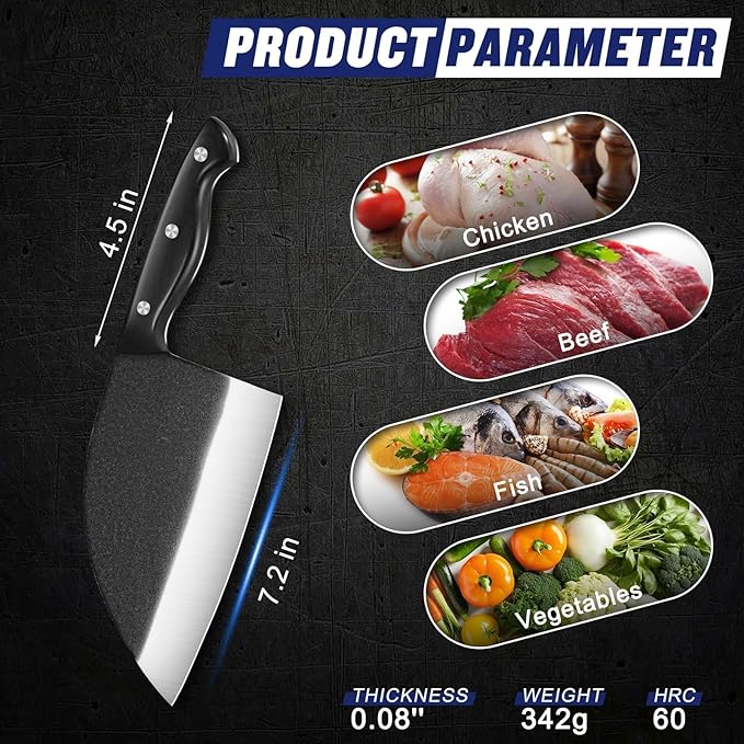 SSGP Serbian Chef Knife, 7.2 Inch Meat Cleaver Knife with Full Tang Handle, Hand Forged Heavy Duty Chopper Knife, Butcher Knife for Kitchen, Outdoor Cooking, Camping