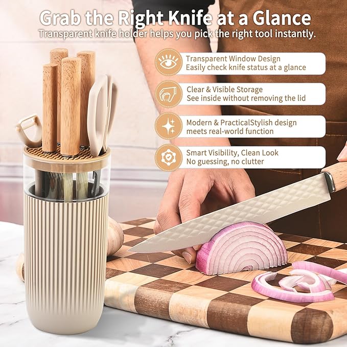 Knife Set, 7-Piece Kitchen Knife Set with Sharp Chef and Meat Knives, Anti-Rust Utility Knives Set for Kitchen, Kitchen Knife Block Set – Khaki