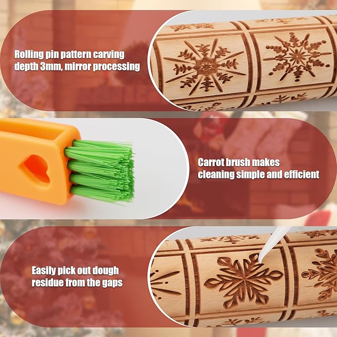 17" Premium Wooden Rolling Pins for Baking with Snowflake Embossed Designs | 3mm Deep Springerle Cookie Molds | Christmas Rolling Pin & Baking Gifts for Women | Includes 3-in-1 Cleaning Brush