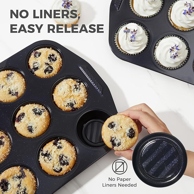 HONGBAKE 9-Piece Baking Pans Set with Wave Texture, 0.8mm Thick Bakeware Sets Non Stick, Includes Stackable Cookie Sheets for Oven Cooking, Cake Pan, Muffin Pan, Loaf Pan, Roasting Pan, Rack, Blue