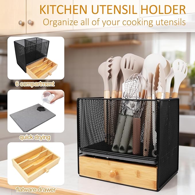 Kitchen Utensil Holder, 2-In-1 Large Utensil Holder Counter & Drawer Silverware Organizer Kitchen Countertop, 6 Compartment Caddy for Cooking and Flatware, With Quick Dry Diatomite Pad