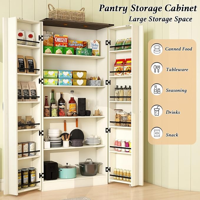 Tall Kitchen Pantry Cabinet: Food Pantry Cabinets for Kitchen Storage, Off White Wood Storage Cabinet with 2 Doors, Farmhouse Cabinets with Freestanding Cupboard