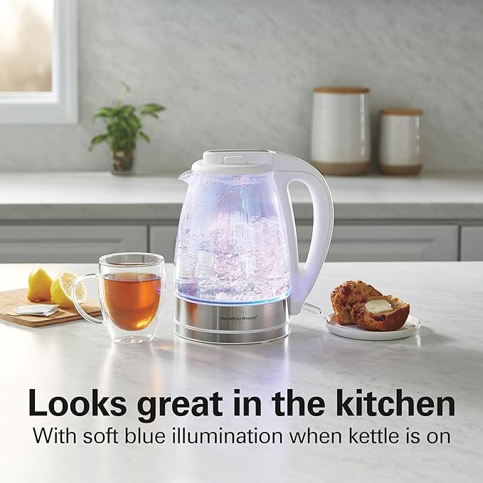 Hamilton Beach 1.7L Electric Tea Kettle, Water Boiler & Heater, LED Indicator, Built-In Mesh Filter, Auto-Shutoff & Boil-Dry Protection, Cordless Serving, Iridescent Clear Glass (41055)