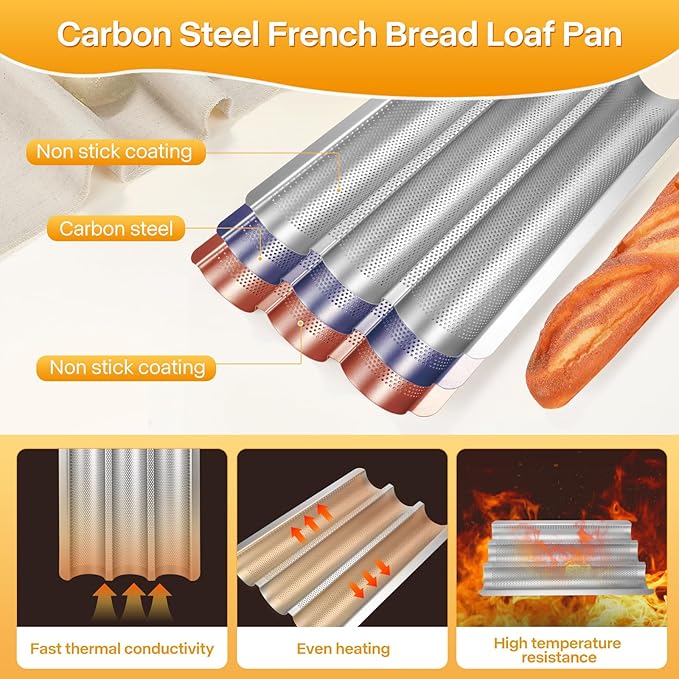 Baguette Bread Pan Set of 2, Silver Baguette Tray Perforated, Nonstick French Bread Baking Pan 3 Loaves, Oven Baking Gifts for Home Baker