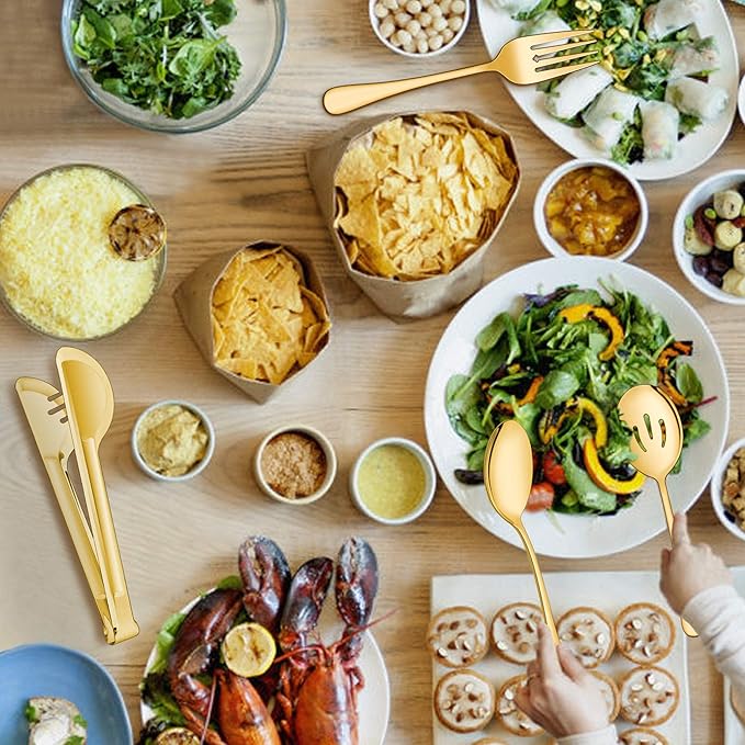 LIANYU 12-Piece Large Gold Serving Utensils Set, 9.8 Inch Stainless Steel Serving Spoons Forks Tongs Set, Perfect for Hostess Buffet Catering Party, Dishwasher Safe