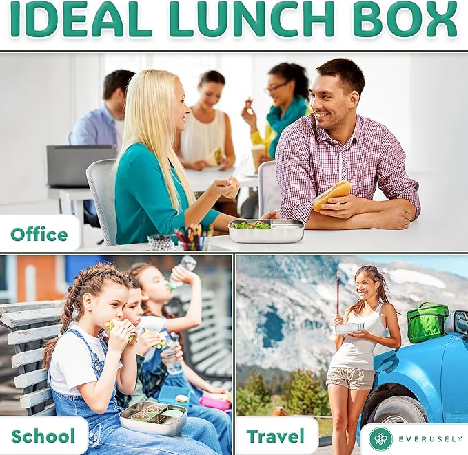 Everusely - Bento Box - Green, 60oz / 1.8 L - Stainless Steel Lunch Box with Leakproof Condiment Container - 3 Compartment Snack Organizer for On the Go Meals - Freezer & Dishwasher Safe