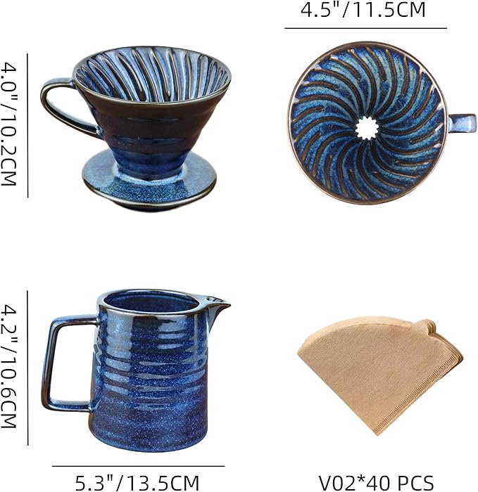 Pour Over Coffee Maker,Ceramic Coffee Maker With 40 pcs Paper Filter，15oz/450ml Pour Over Coffee Dripper (Starry Blue, V02)