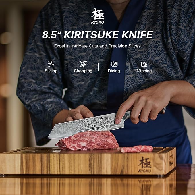 KYOKU Kiritsuke Chef Knife 8.5" - Shogun Series - Japanese VG10 Steel Core Forged Damascus Blade - with Sheath & Case