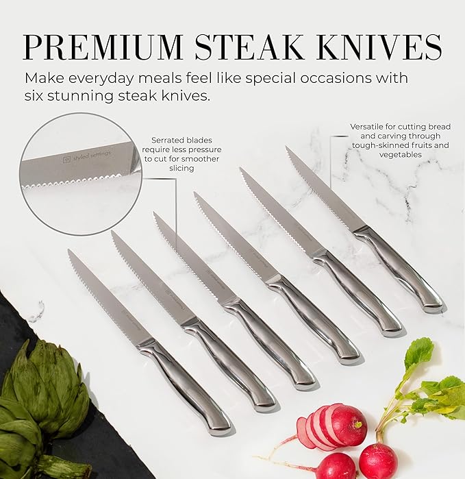 Styled Settings Stainless Steel Knife Set with Built In Sharpener - 14 Piece Ultra Sharp, High Carbon Stainless Steel Kitchen Knife Set Includes White Knife Block with Sharpener Built In