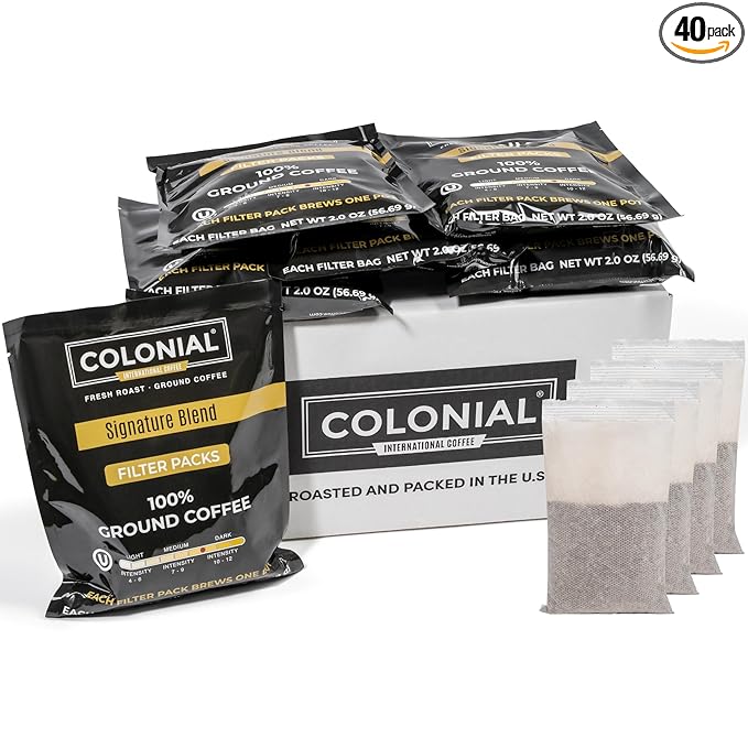 Colonial Coffee Ground Coffee Filter Portion Packs, 2 Ounce (Pack of 40), 100% Arabica Breakfast Blend Medium Roast, Gourmet Bulk Packets for 10-12 Cup Drip Maker