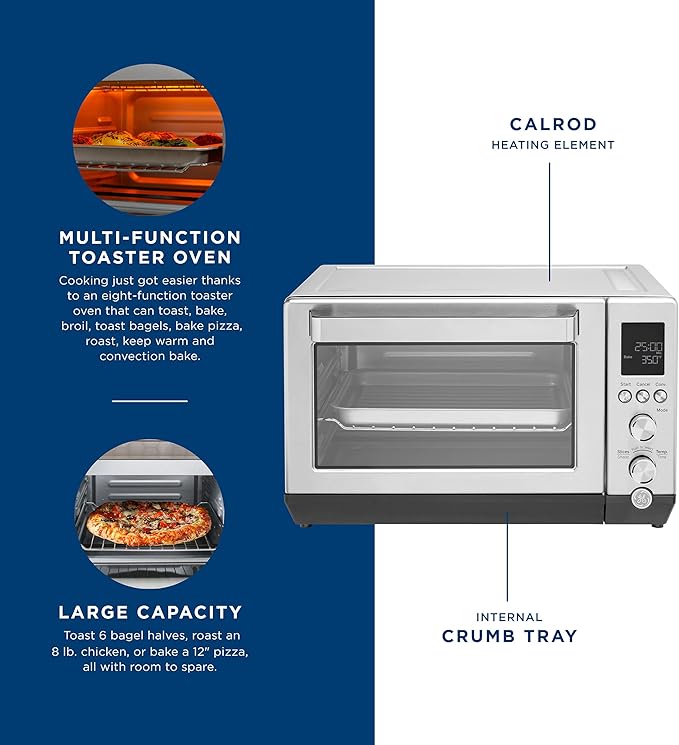 GE Convection Toaster Oven | Calrod Heating Technology | Large Capacity Toaster Oven Complete With 7 Cook Modes & Oven Accessories | Countertop Kitchen Essentials | 1500 Watts | Stainless Steel