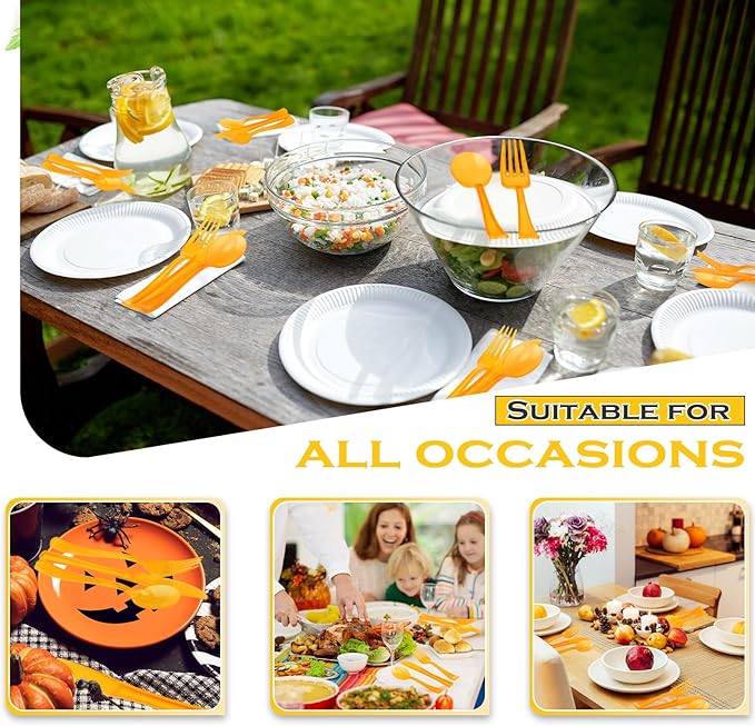 Minatee 150 Pieces Disposable Cutlery Set Plastic Silverware Heavy Duty Utensil Sets 50 Forks 50 Knives 50 Spoons for Home Office School Party Picnics Restaurant Outdoor Events(Orange)