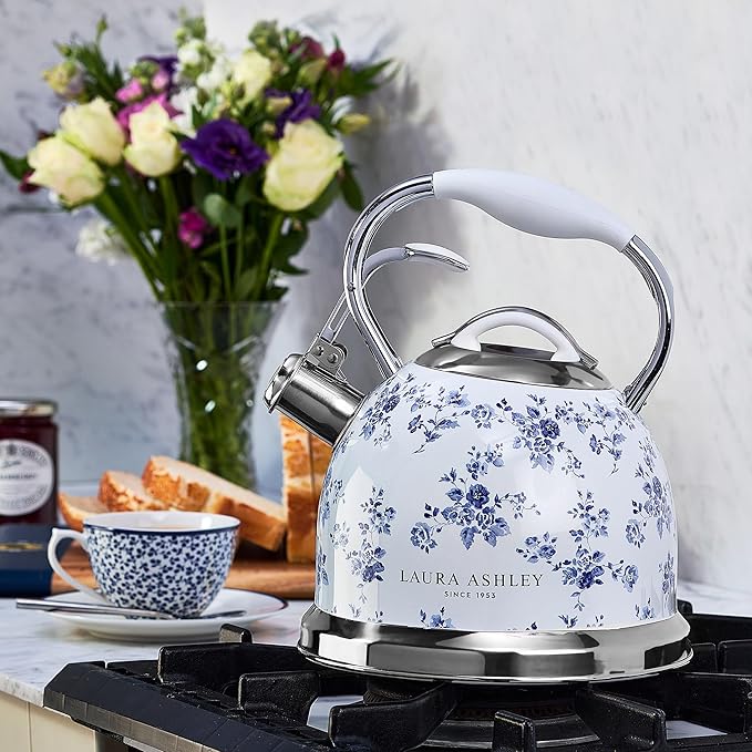 VQ Laura Ashley China Rose 2.5L Stainless Steel Tea Kettle Stovetop Whistling Teapot for Induction, Gas Hob or others. Silicon Coated Cool Handle & Push Button Mechanism Vintage Stove Top Kettle