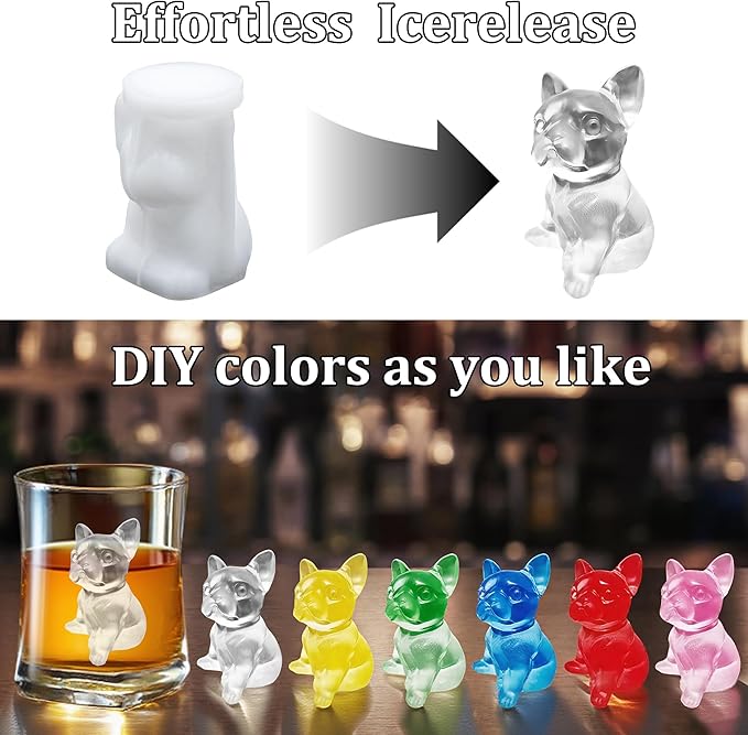 3D French Bulldog Ice Cube Molds, Fun Animal Shape Ice Cube Tray Silicone for Whiskey, Cocktail, Juice, Drink Decoration Cute Dog Gifts for Bulldog Lover, 2 Pack Resin Molds