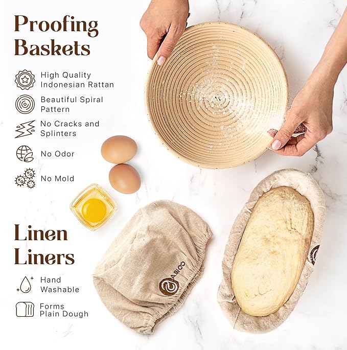 Sourdough Bread Baking Supplies and Starter Kit - Ultimate Bread Making and Sourdough Starter Kit with Proofing Baskets, Sourdough Jar, Bread Lame, Scrapers, and Danish Whisk