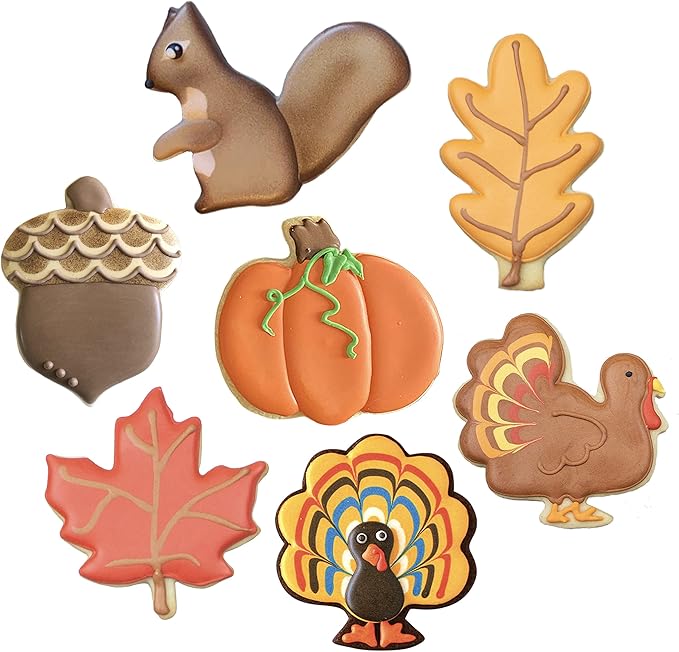Fall and Thanksgiving Cookie Cutters Set 7-Pc. Made in the USA by Ann Clark, Pumpkin, Maple Leaf, Turkey, Squirrel, Acorn