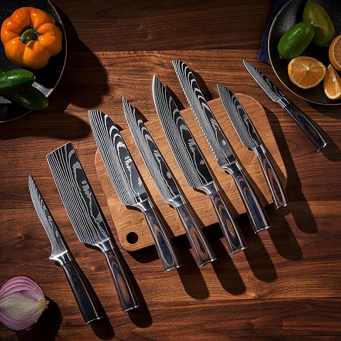 SENKEN 16-Piece Natural Acacia Wood Kitchen Knife Block Set - Japanese Chef's Knife Set with Laser Damascus Pattern, Includes Steak Knives, Kitchen Shears, Santoku, Cleaver & More (Wooden Handles)