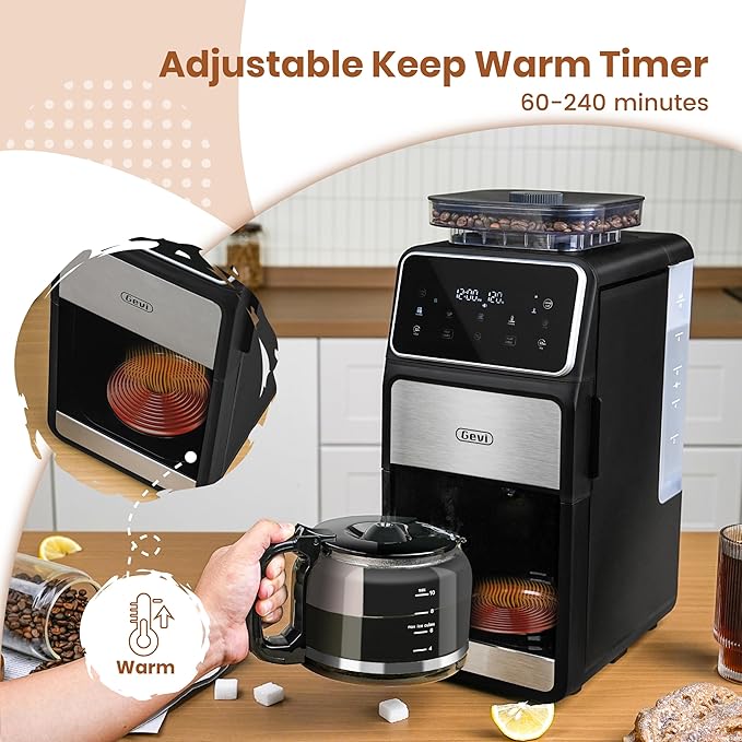Gevi 10-Cup Grind & Brew Coffee Maker with Built-in Burr Grinder – Programmable Touch Screen, 4-Hour Keep Warm, Permanent Filter, Drip Coffee Machine for Home & Office