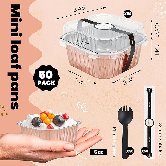 50 Pack Mini Cake Pans with Lids and Spoons Aluminum Foil Pans Square Cake Tins for Bakery Party Wedding (Champagne Color,5 oz)