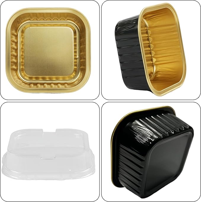 Mini Cake Pans With Lids, BAKINGPAK 30PCS 5OZ Square Mini Aluminum Pans Disposable Aluminum Foil Cupcake Cups Individual Cake Pans with Lids for Children Party Wedding Party,Black Gold