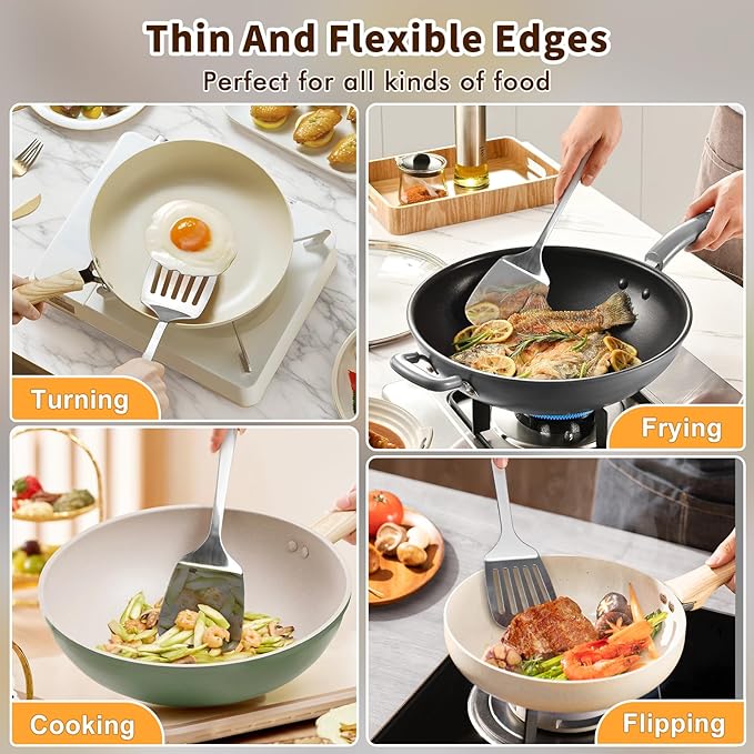 Stainless Steel Spatula, Metal Spatula Slotted Turner, Heavy Duty Sturdy Spatulas for Kitchen Use, High Heat Resistant Cooking Utensils for Fish Eggs Pancakes, Dishwasher Safe, Easy to Clean, Silver