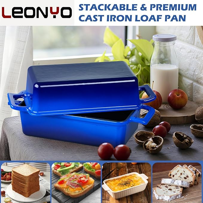 Leonyo 9 x 6 inch Cast Iron Loaf Pan with Lid, 2-in-1 Enameled Sourdough Baking Pan, Homemade Bread Dutch Oven for Pound Cake, Lasagna, Up to 500℉ & Blue