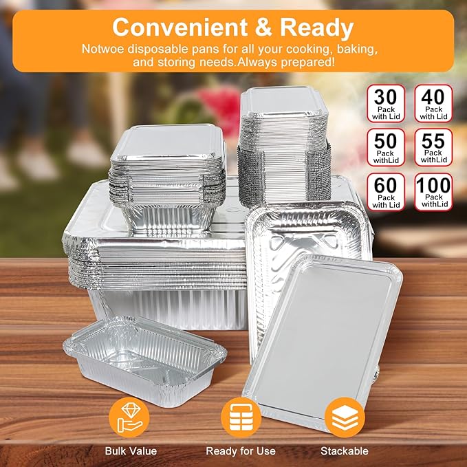 Notwoe® 100pc Disposable Aluminum Pans With Lids, 7x5(100pc) Combo Set, Disposable Baking and Cake Pan. (100 Pack w/Lids)