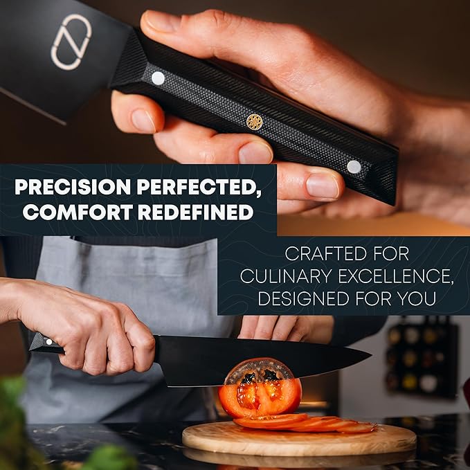 NOVAWARE 5 Pc Kitchen Knife Set – Ultra Sharp 60 HRC Chef Knife Sets, Black Titanium Coated Steel, Ergonomic G10 Handles – Chef Knives Without Block + Mini-Knife, Professional Knives Set for Kitchen