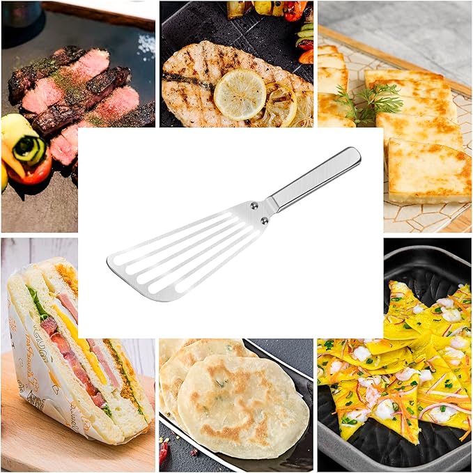 KSENDALO Flexible Fish Spatula Stainless Steel -Slotted Thin Egg Flipper with Riveted Handle, Angled Blade & Hollow Grip, Metal Turner for Cooking Fish Egg Pancakes (2 pack)