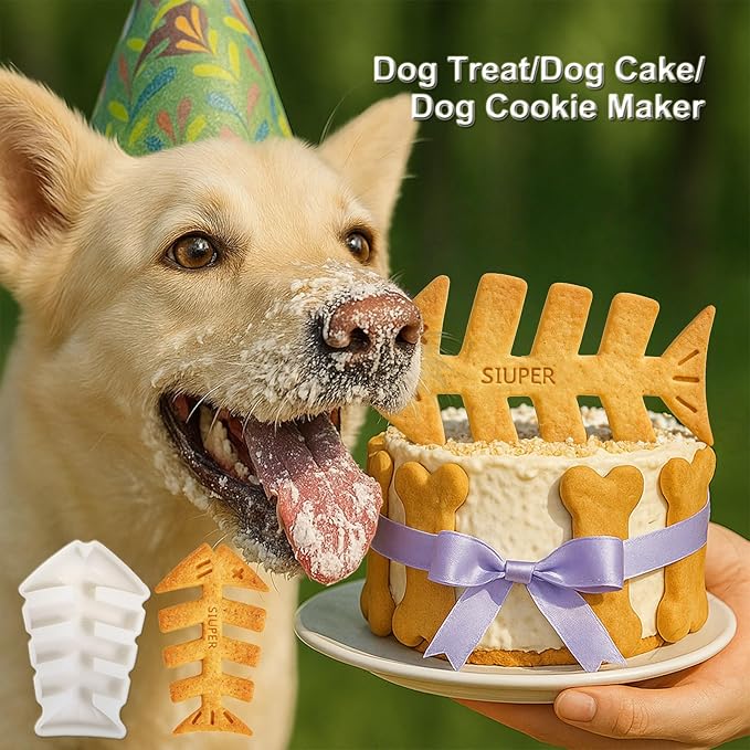 7.5IN Big Fish Bone Dog Cat Treat Mold 1 Pack, DIY Flavors for Puppy. Food Safe Silicone for Oven. Large Ice Cube Mold for Pet Chew, Cooling. Pets Birthday Cake Baking. Fun Gift for Dog Lover