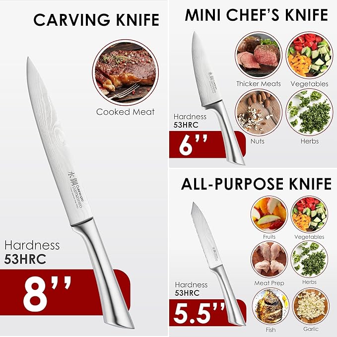 Cuisine::pro Damashiro Knife Block (Hiryu, 10-Piece Set) - Premium Japanese Steel Knife Set with Acacia Wood Block & Tempered Glass Window - Damascus-Inspired Blade