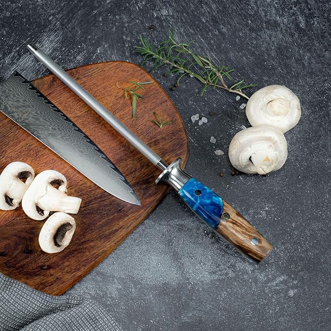 SENKEN Professional Sharpening Steel for Damascus Knives - Tsunami Collection - Incredibly Strong Emery Rod for Sharpening & Honing Knives Up to 63 HRC - Beautiful Blue Resin & Natural Wood Handle