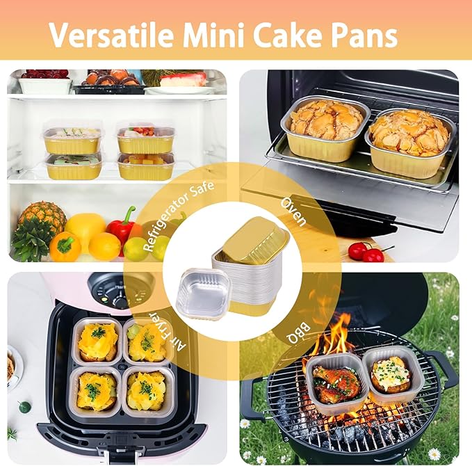 FORBFAN 150 Pack Mini Cake Pans with Lids and Spoons, 8 oz Aluminium Foil Square Brownie Baking Cups, Disposable Ramekins Cupcake Tins Gold