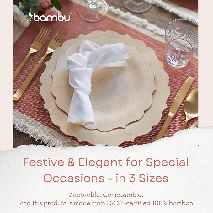 Bambu Pack of 25-11 Inch Disposable Bamboo Plates Fancy, Biodegradable Eco Friendly Products, Bamboo Disposable Plates for Party, Weddings, and Events, Great For Any Occasion, Compostable Plates