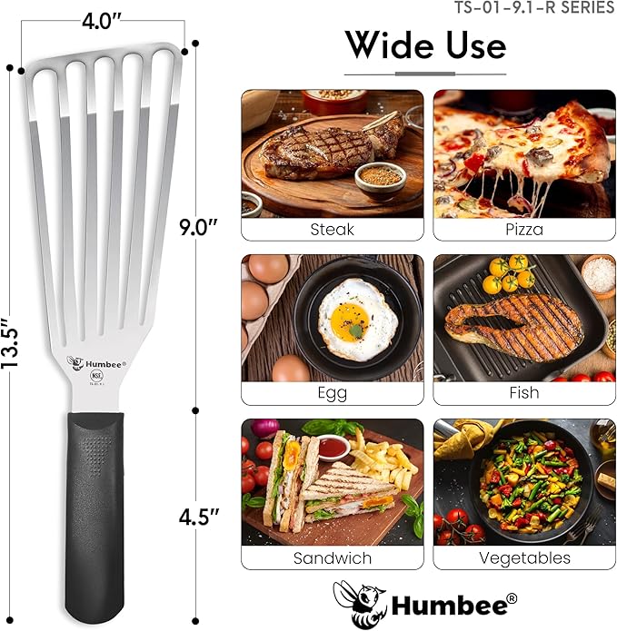 9 Inches Fish Turner, Slotted Fish Spatula Dishwasher Safe NSF, Shovel Black