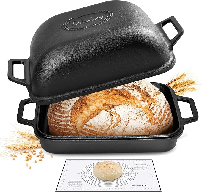 Davivy 9QT Large Dutch Oven for Sourdough Bread with Silicone Baking Mat, Pre-Seasoned Non-stick Cast Iron Sourdough Loaf Pan, Cast Iron Sourdough Baking Pan Large Capacity