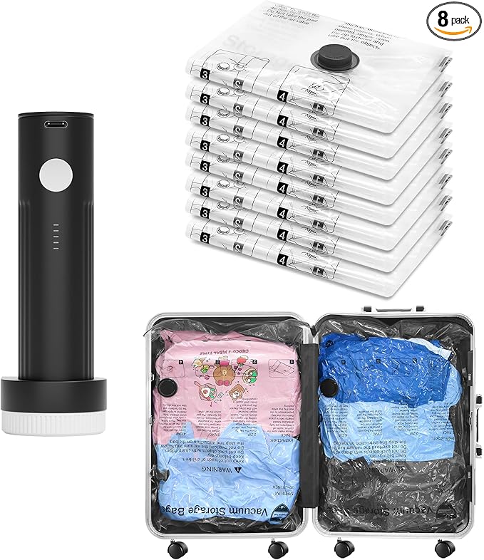 SUOCO Travel Vacuum Bags for Luggage with Portable Electric Pump, 8 Large Packing Seal Bags for Clothing Suitcase Backpack, Space Saver Compression Clothes Storage Bags