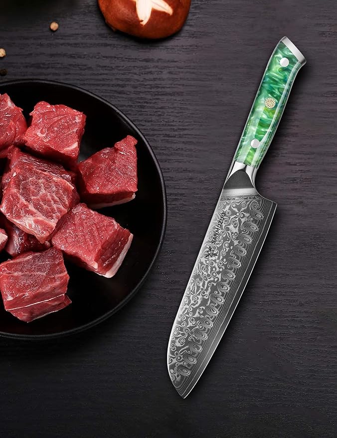 Santoku Knife - 7 inch - Xuan Series - VG10 Damascus Steel Kitchen Knife - Resin Handle (Jade Green)