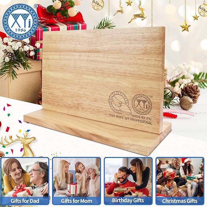 XYJ Authentic Since 1986, Magnetic Knife Block, Double Side Kitchen Knife Holder, Natural Wood, Knife Cutlery Display Stand, Organizer Storage Rack for Home Kitchen